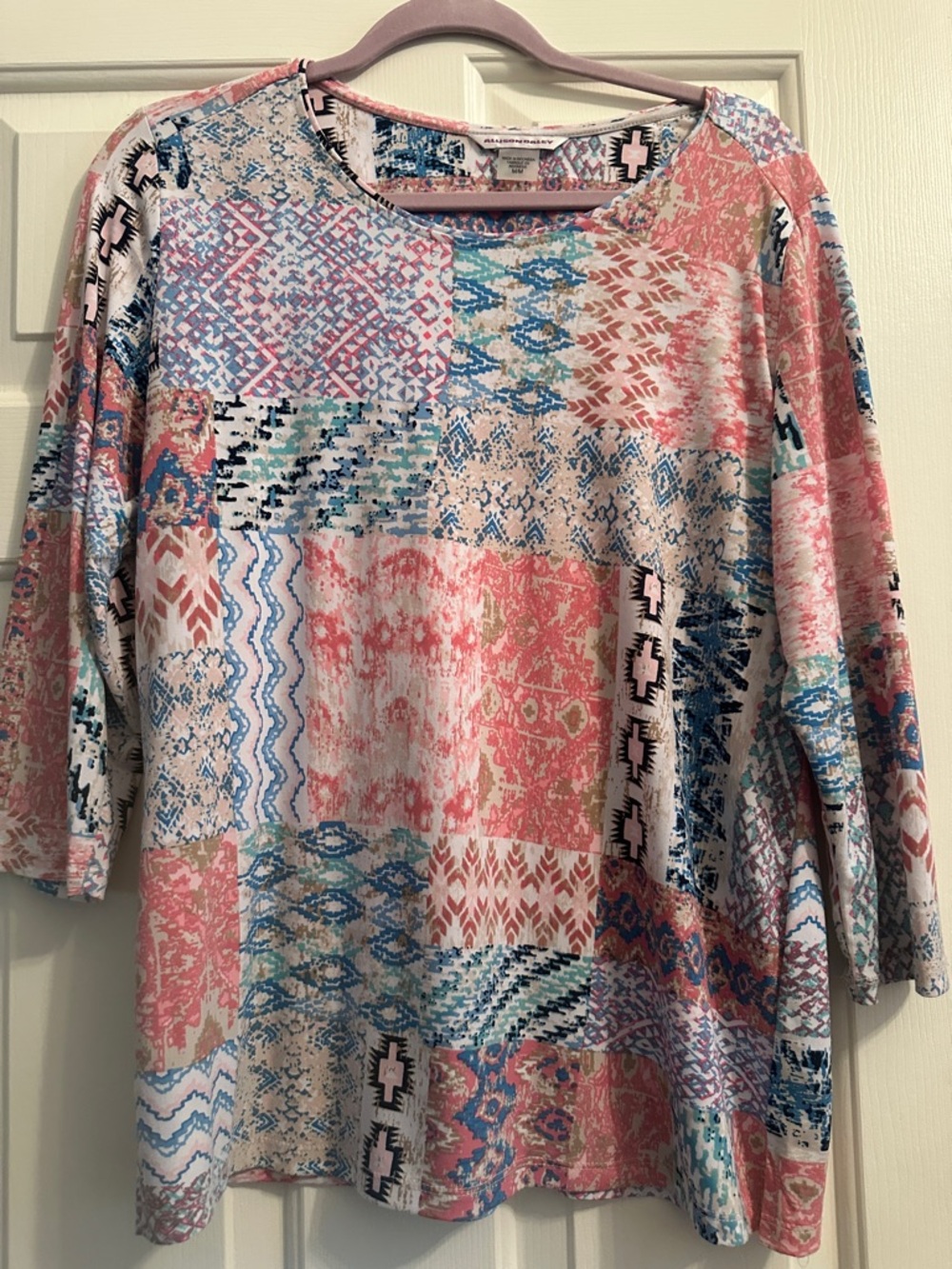 Allison Daley Patchwork Print Blouse in Pink, Blue & Cream